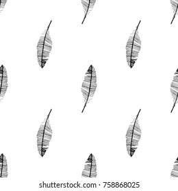 Seamless pattern of hand drawn sketch style. Feathers vector illustration isolated on white background.
