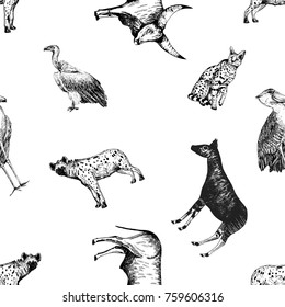 Seamless pattern of hand drawn sketch style African animals. Vector illustration isolated on white background.