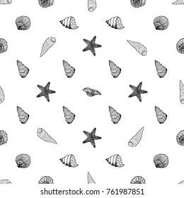 Seamless pattern of hand drawn sketch style Seashell.Vector illustration isolated on white background.
