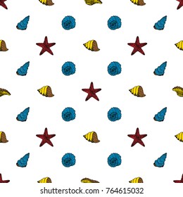 Seamless pattern of hand drawn sketch style Seashell.Vector illustration isolated on white background.