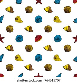Seamless pattern of hand drawn sketch style Seashell.Vector illustration isolated on white background.