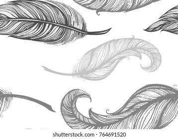 Seamless pattern of hand drawn sketch style set of bird feather Vector illustration isolated on white background.