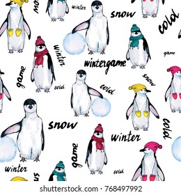 Seamless pattern hand drawn sketch of penguins on white background with letterings