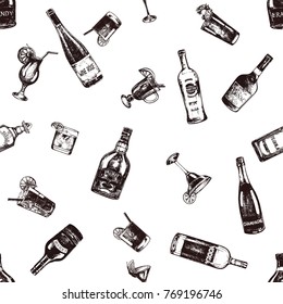 Seamless pattern of hand drawn sketch style alcoholic drinks and bottles. Vector illustration isolated on white background.