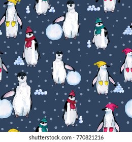 Seamless pattern hand drawn sketch of penguins on blue background. Layered vector illustration.