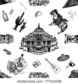 Seamless pattern of hand drawn sketch style set of Mexican themed landmarks, food, drink, objects. Vector illustration isolated on white background.