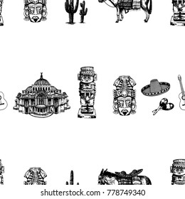 Seamless pattern of hand drawn sketch style set of Mexican themed landmarks and objects. Vector illustration isolated on white background.