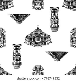 Seamless pattern of hand drawn sketch style set of Mexican themed landmarks and objects. Vector illustration isolated on white background.