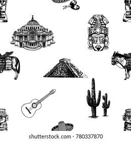 Seamless pattern of hand drawn sketch style set of Mexican themed landmarks and objects. Vector illustration isolated on white background.