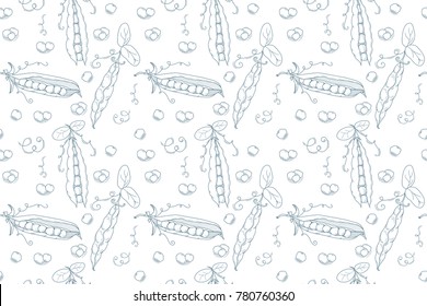 Seamless pattern Hand drawn sketch peas. Outline style peas. Green pods of sweet pea. Farm market product, Vector organic eco food. AI10