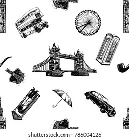Seamless pattern of hand drawn sketch style England themed objects. Vector illustration isolated on white background.