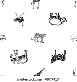 Seamless pattern of hand drawn sketch style African animals. Vector illustration isolated on white background.