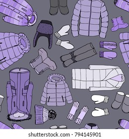 Seamless pattern hand drawn sketch of winter clothes and accessories: coat, jacket, overall, hat, gloves, scarves, mittens on white background. Isolated and layered vector