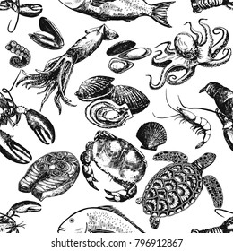 Seamless pattern of hand drawn sketch style seafood. Vector illustration isolated on white background.