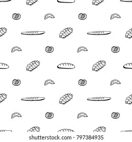 Seamless pattern of hand drawn sketch style bread cupcakes buns hot dog. Vector illustration.