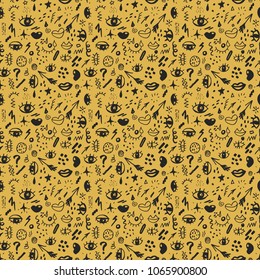 Seamless pattern with hand drawn sketched doodle elements eyes and lips, abstract background. Typography design print, vector illustration.