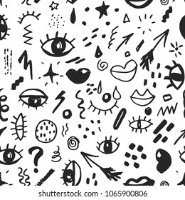 Seamless pattern with hand drawn sketched doodle elements eyes and lips, abstract background. Typography design print, vector illustration.