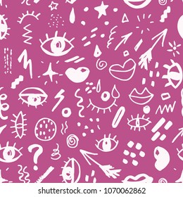 Seamless pattern with hand drawn sketched doodle elements eyes and lips, abstract background. Typography design print, vector illustration.