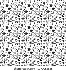 Seamless pattern with hand drawn sketched doodle elements eyes and lips, abstract background. Typography design print, vector illustration.