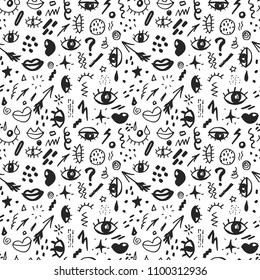 Seamless pattern with hand drawn sketched doodle elements eyes and lips, abstract background. Typography design print, vector illustration.