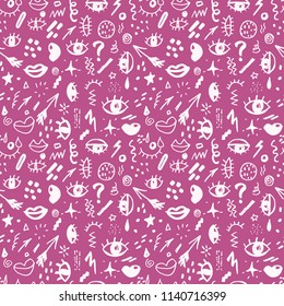 Seamless pattern with hand drawn sketched doodle elements eyes and lips, abstract background. Typography design print, vector illustration.