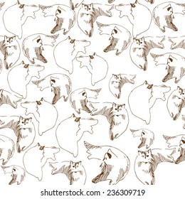 Seamless pattern with hand drawn sketches of lying cats. Clipping mask is used, vector illustration.