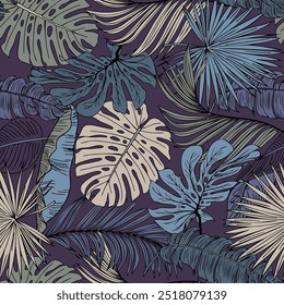 Seamless pattern of hand drawn sketches of tropical leaves. Greeting card, invitation to summer beach party, flyer. Vector illustration. Rustic style. Blue purple leaves on dark background.