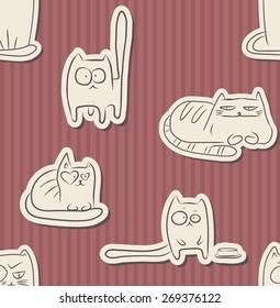 Seamless pattern with hand drawn sketches of funny cats over vintage red background.