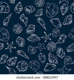 Seamless pattern with hand drawn sketches sea shells and ammonites. Vector illustrations
