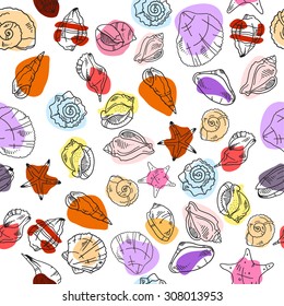 Seamless pattern with hand drawn sketches sea shells and ammonites. Vector illustrations