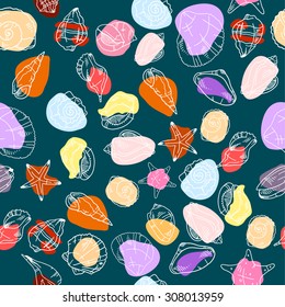Seamless pattern with hand drawn sketches sea shells and ammonites. Vector illustrations