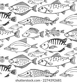 Seamless pattern with hand drawn sketching fished isolated on white background