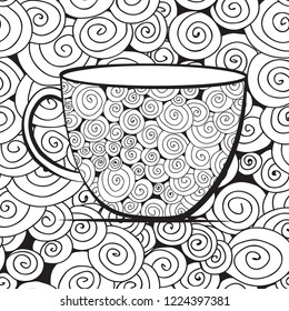 Seamless pattern with hand drawn sketchy tea and cup of coffee. Background from cafe.
