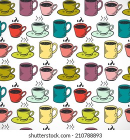 Seamless pattern with hand drawn sketchy tea and coffee cups. Coffee break colorful tiling background.