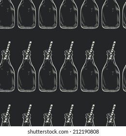 Seamless pattern with hand drawn sketchy bottles with striped straws. Cold drinks tiling background.