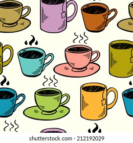 Seamless pattern with hand drawn sketchy tea and coffee cups. Coffee break colorful tiling background.