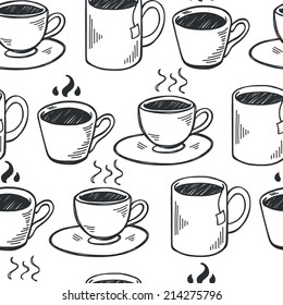 Seamless pattern with hand drawn sketchy tea and coffee cups. Coffee break  tiling background.