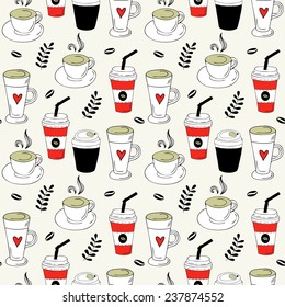 Seamless pattern with hand drawn sketchy tea and coffee cups. Coffee break colorful tiling background.