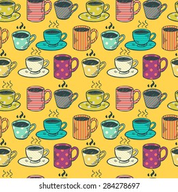 Seamless pattern with hand drawn sketchy tea and coffee cups. Coffee break colorful tiling background.