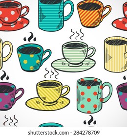 Seamless pattern with hand drawn sketchy tea and coffee cups. Coffee break colorful tiling background.