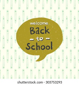 Seamless pattern with hand drawn sketchy crayons. Childish tiling background and speech bubble with Back To School hand lettering.
