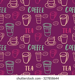 Seamless pattern with hand drawn sketchy tea and coffee cups. Coffee break background.