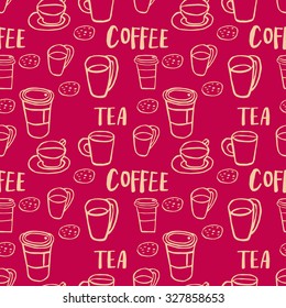 Seamless pattern with hand drawn sketchy tea and coffee cups. Coffee break background.