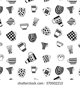 Seamless pattern with hand drawn sketchy tea and coffee cups. Coffee break tiling background.