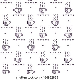 Seamless pattern with hand drawn sketchy tea and coffee cups. Coffee break tiling background.