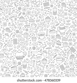 Seamless pattern with hand drawn sketchy tea theme related elements. Coffee break design background with teapot. Doodle cafe decoration. Stylish texture. English tea colorful print with cup and kettle