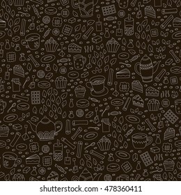 Seamless pattern with hand drawn sketchy tea theme related elements. Coffee break design background with teapot. Doodle cafe decoration. Stylish texture. English tea colorful print with cup and kettle