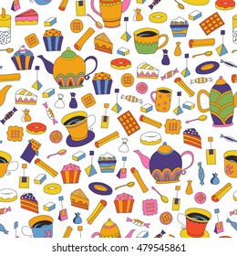 Seamless pattern with hand drawn sketchy tea theme related elements. Coffee break design background with teapot. Doodle cafe decoration. Stylish texture. English tea colorful print with cup and sweets