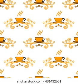 Seamless pattern with hand drawn sketchy tea and coffee cups. Coffee break tiling background.