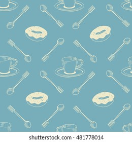 Seamless pattern with hand drawn sketchy tea and coffee cups. Coffee break tiling background.